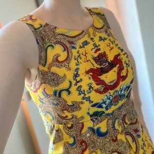 Vietnamese Dragon and Lotus Midi Dress with Pockets